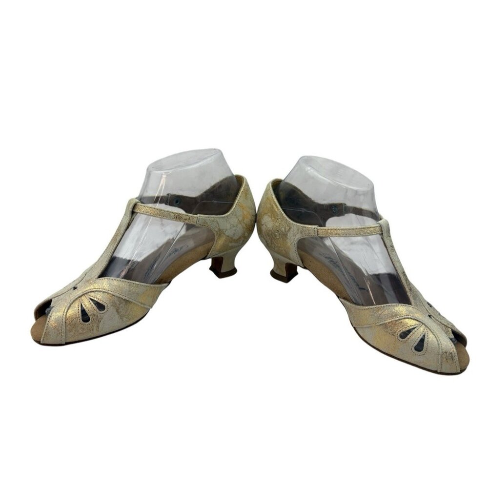 Diamant T-Strap Dance Shoes Girls Youth 3.5 Gold Metallic Leather Tango Salsa - Picture 10 of 16